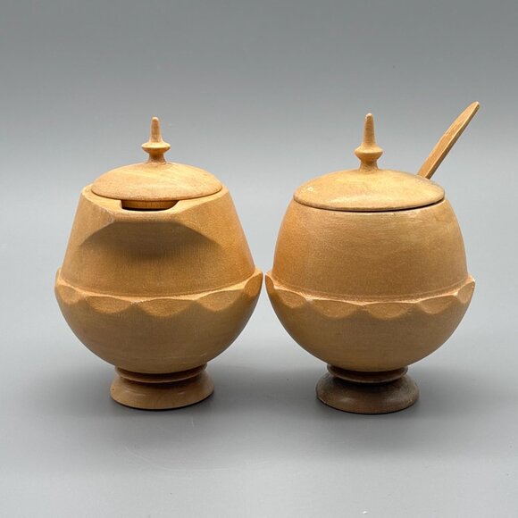 Vintage Wooden Creamer & Sugar Bowl Set with Spoon - Picture 2 of 6